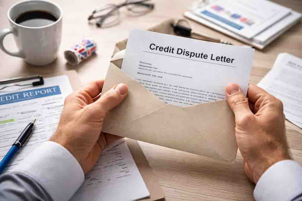 Close-up of hands placing a credit dispute letter into an envelope to send to credit bureaus