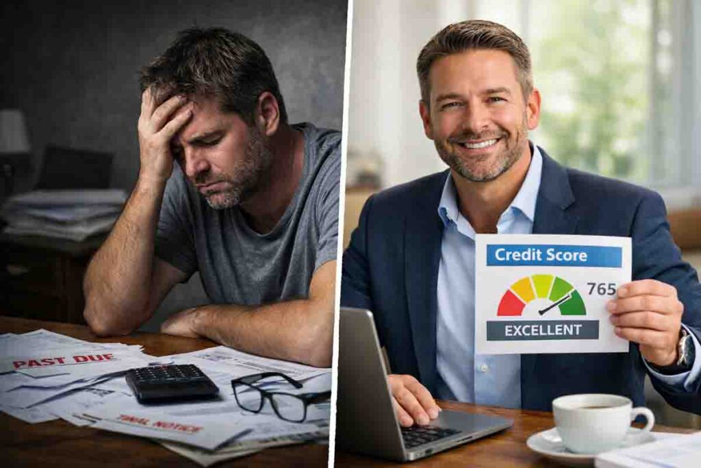 Man reviewing credit report after improving credit score through dispute process at StepbyStep credit fix.