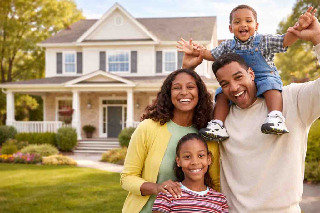 Happy family in front of their new home after fixing and improving their credit score fast after removing negative items from their credit report. 