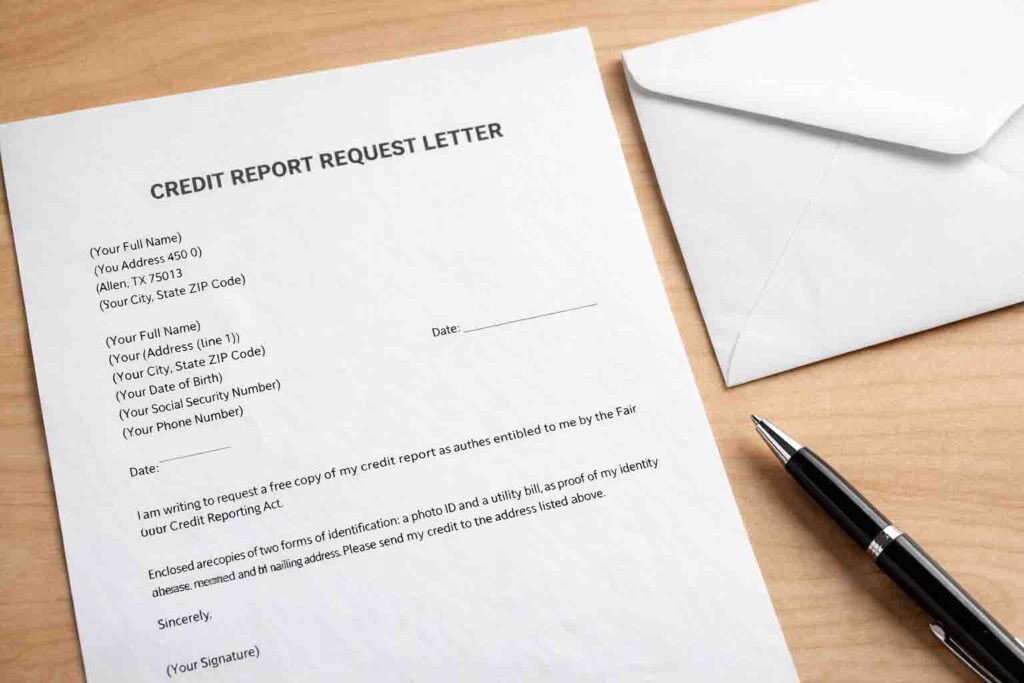 Printed credit report request letter template with envelope and pen for mailing to credit bureaus to get a copy of your credit report for free.