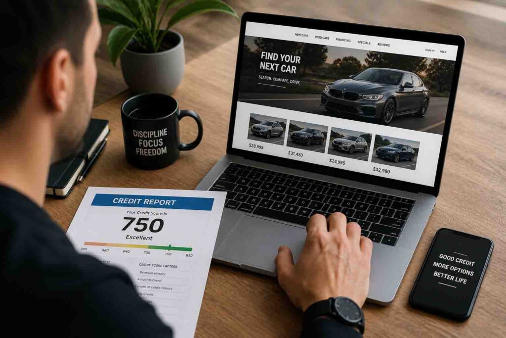 Man reviewing a 750 credit score while shopping for a car online to take advantage of better loan rates