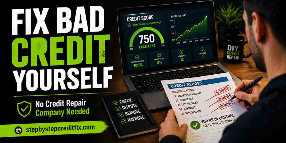 Person fixing bad credit themselves by reviewing and removing negative items without using a credit repair company
