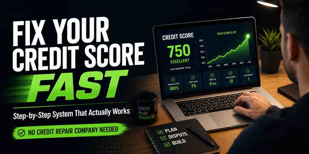 How to fix your credit score fast using a step-by-step system shown on laptop with rising credit score to 750