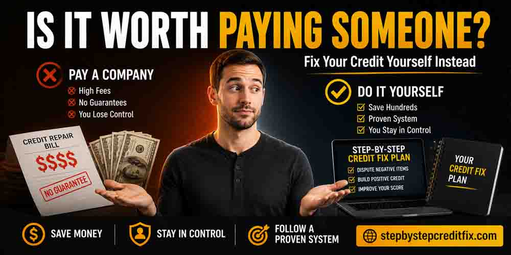 Person comparing paying a credit repair company versus fixing their credit themselves