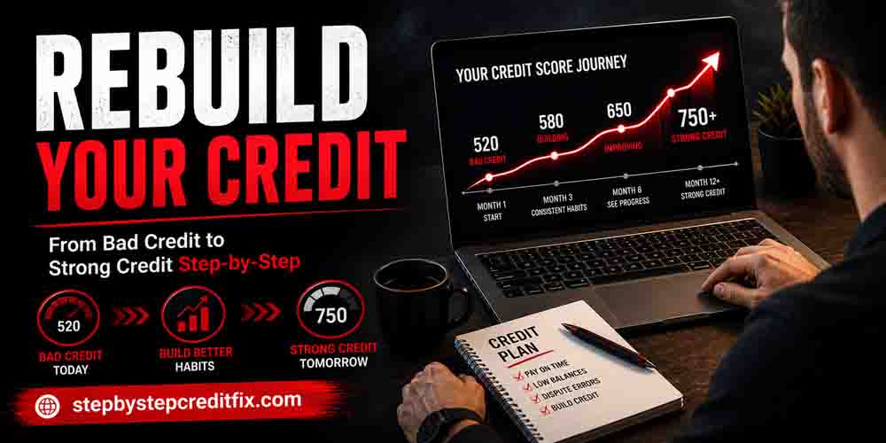 Person rebuilding credit after bad credit by improving their credit score over time on a laptop